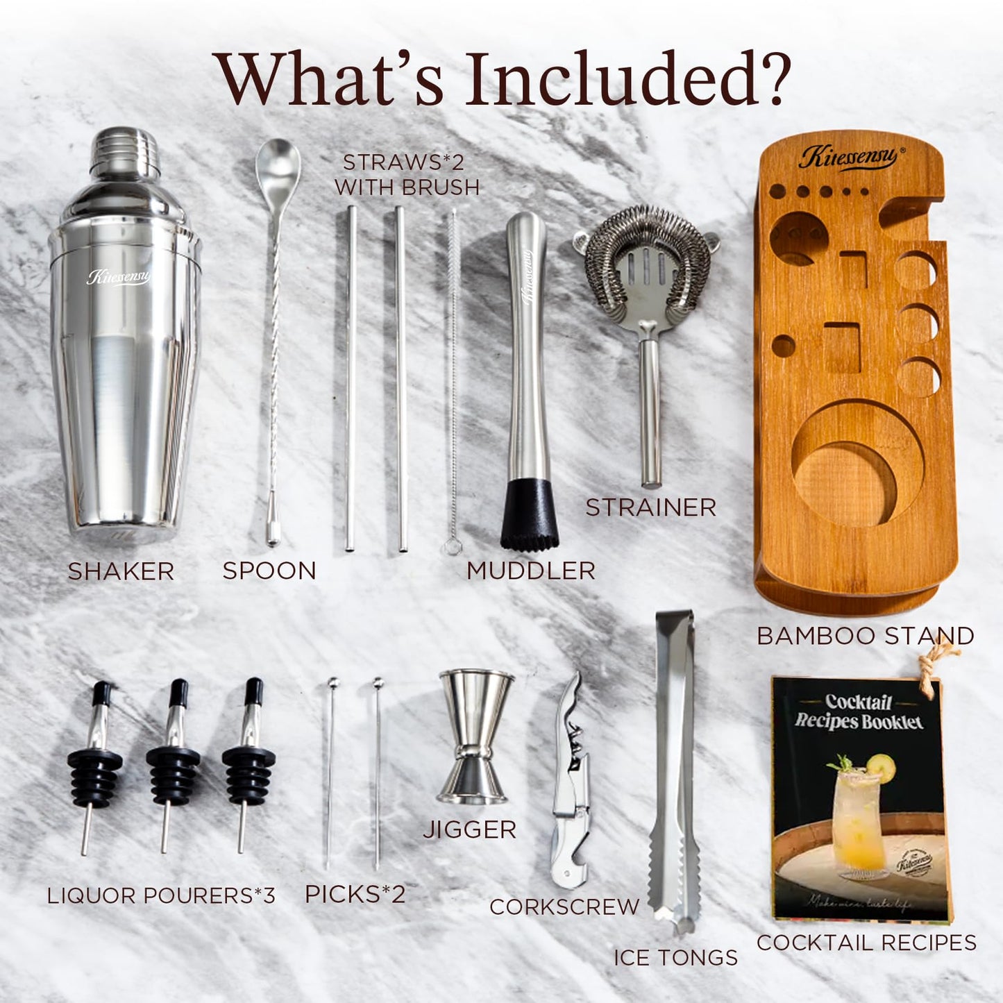 15-Piece Stainless Steel Cocktail Shaker Set with Stand