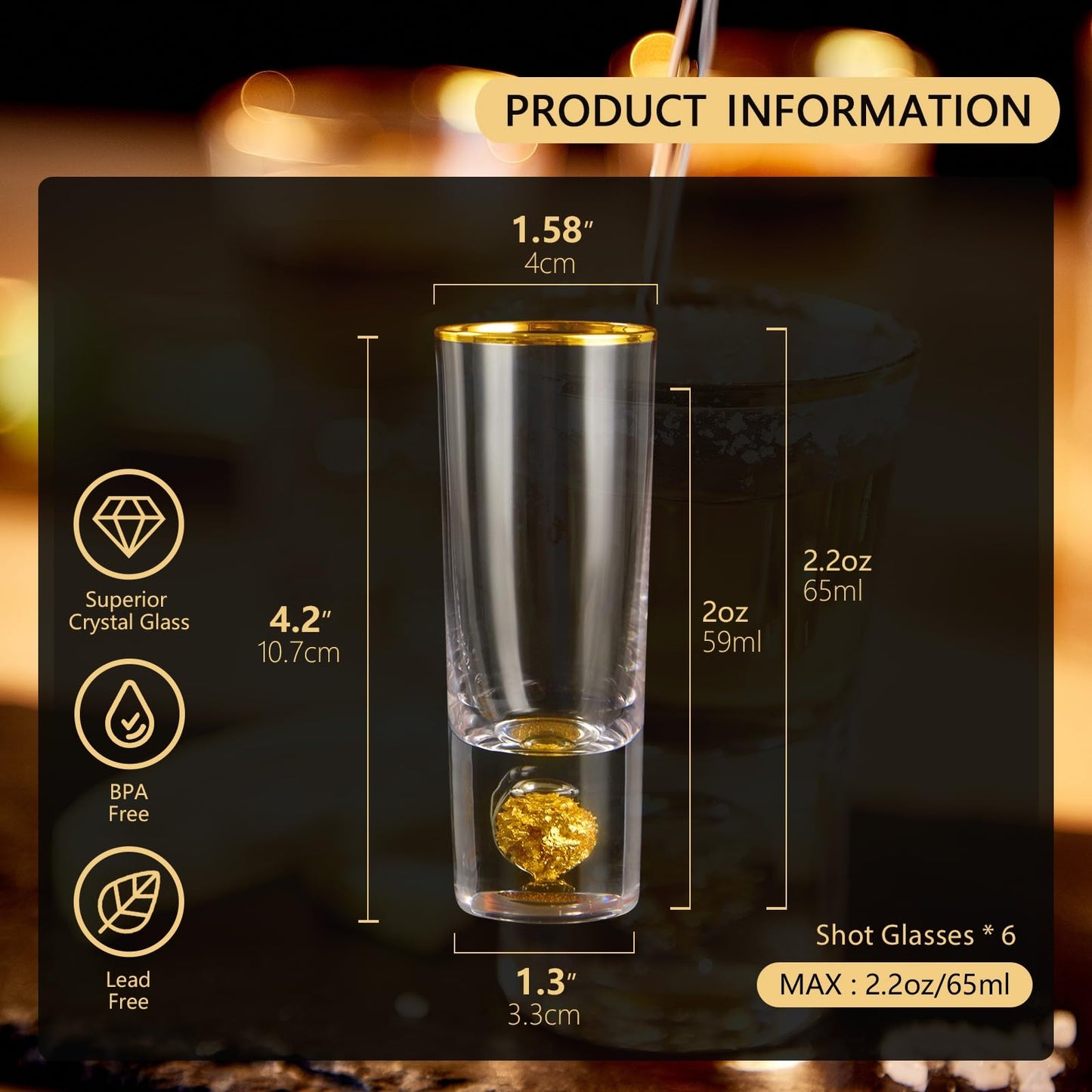 Crystal Shot Glasses with 24K Gold Leaf Flakes - Set of 6