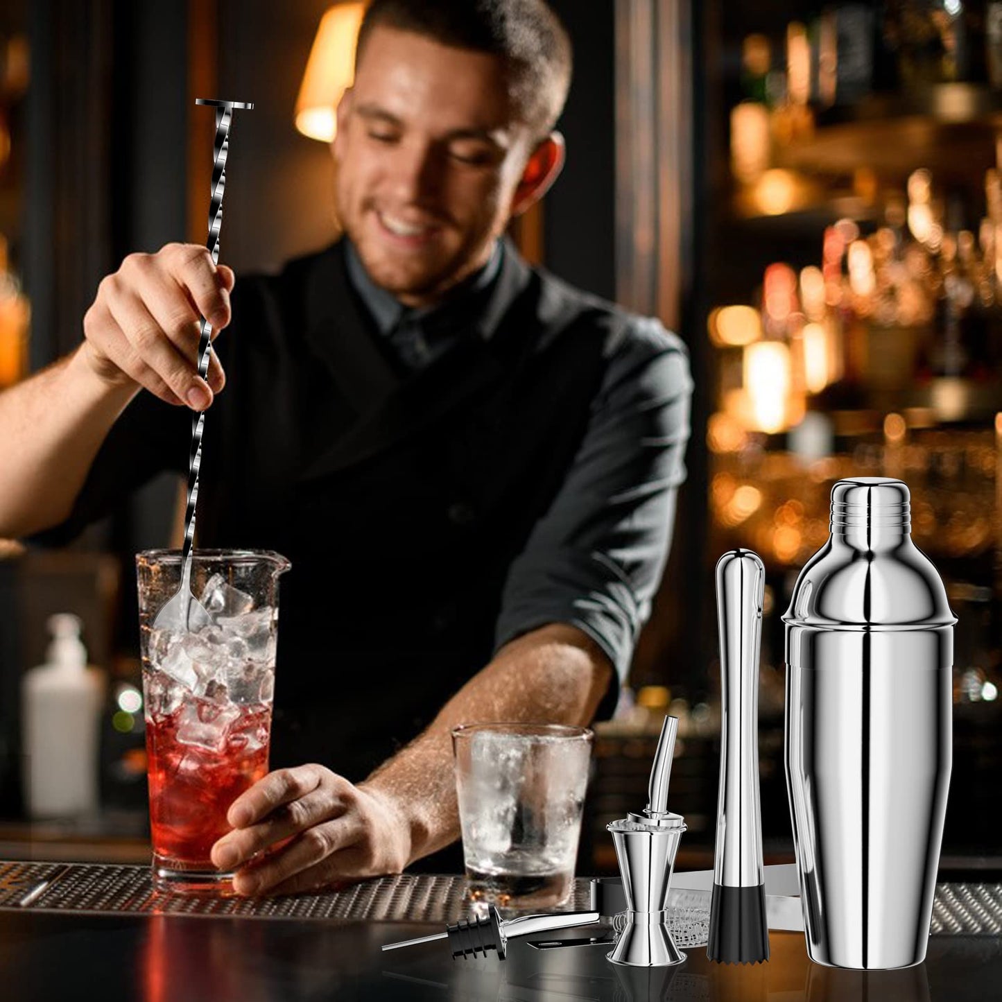 Ensemble shaker 10 pièces avec support en bambou