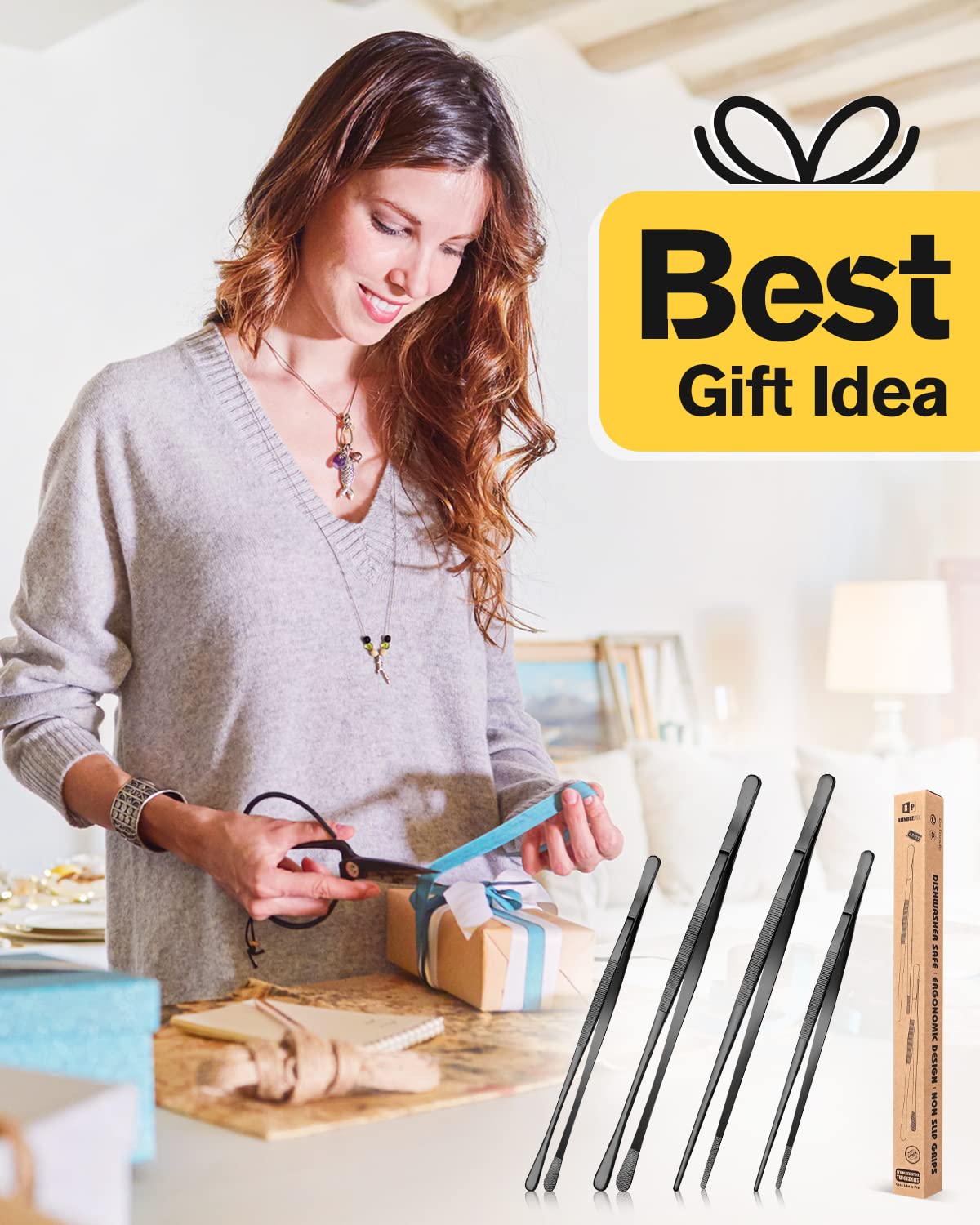 4 Piece Black Kitchen Tweezers Set
