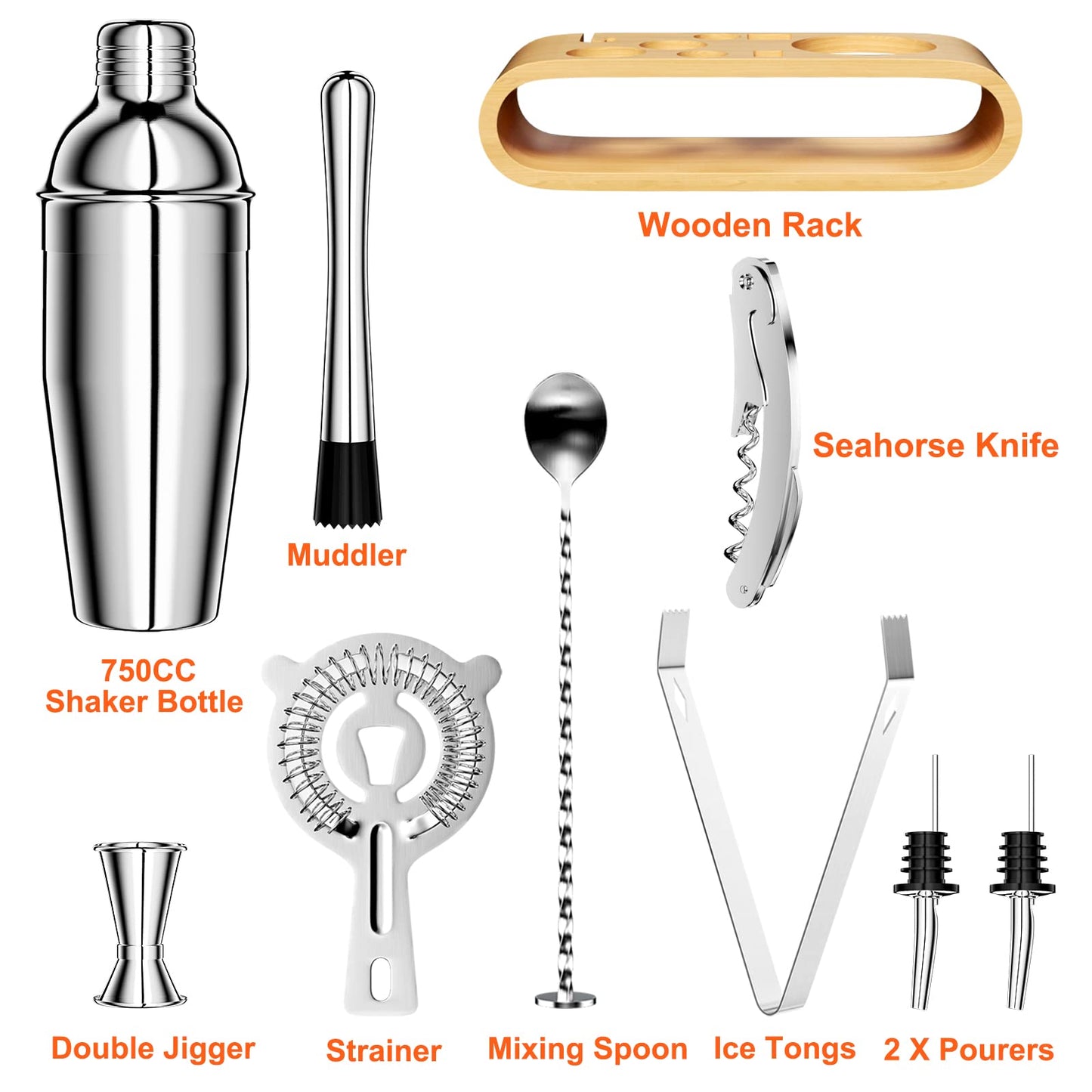 Ensemble shaker 10 pièces avec support en bambou