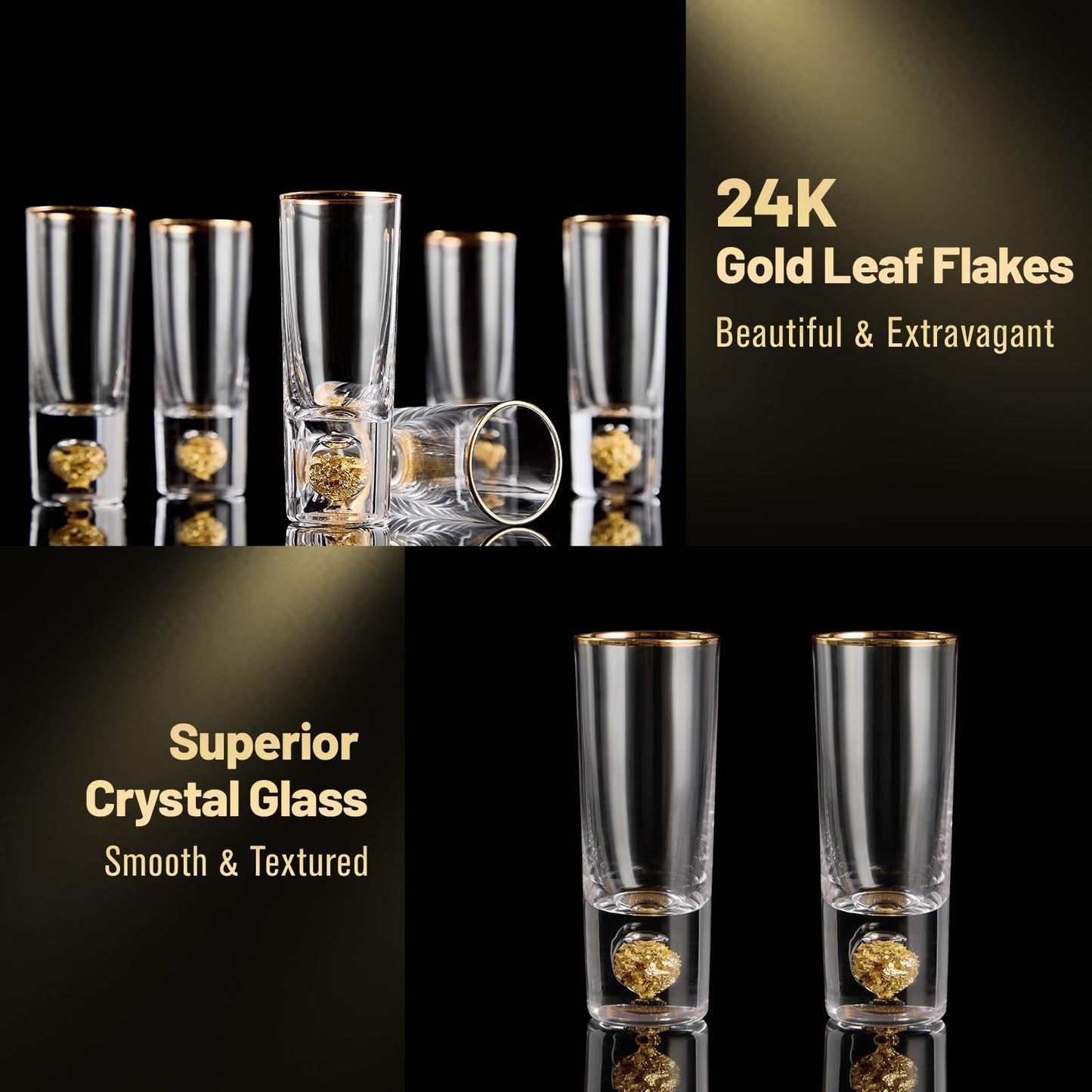 Crystal Shot Glasses with 24K Gold Leaf Flakes - Set of 6
