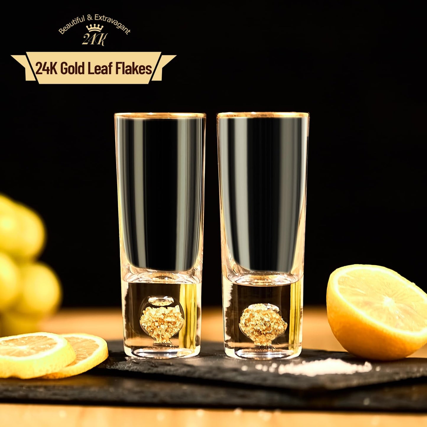 Crystal Shot Glasses with 24K Gold Leaf Flakes - Set of 6