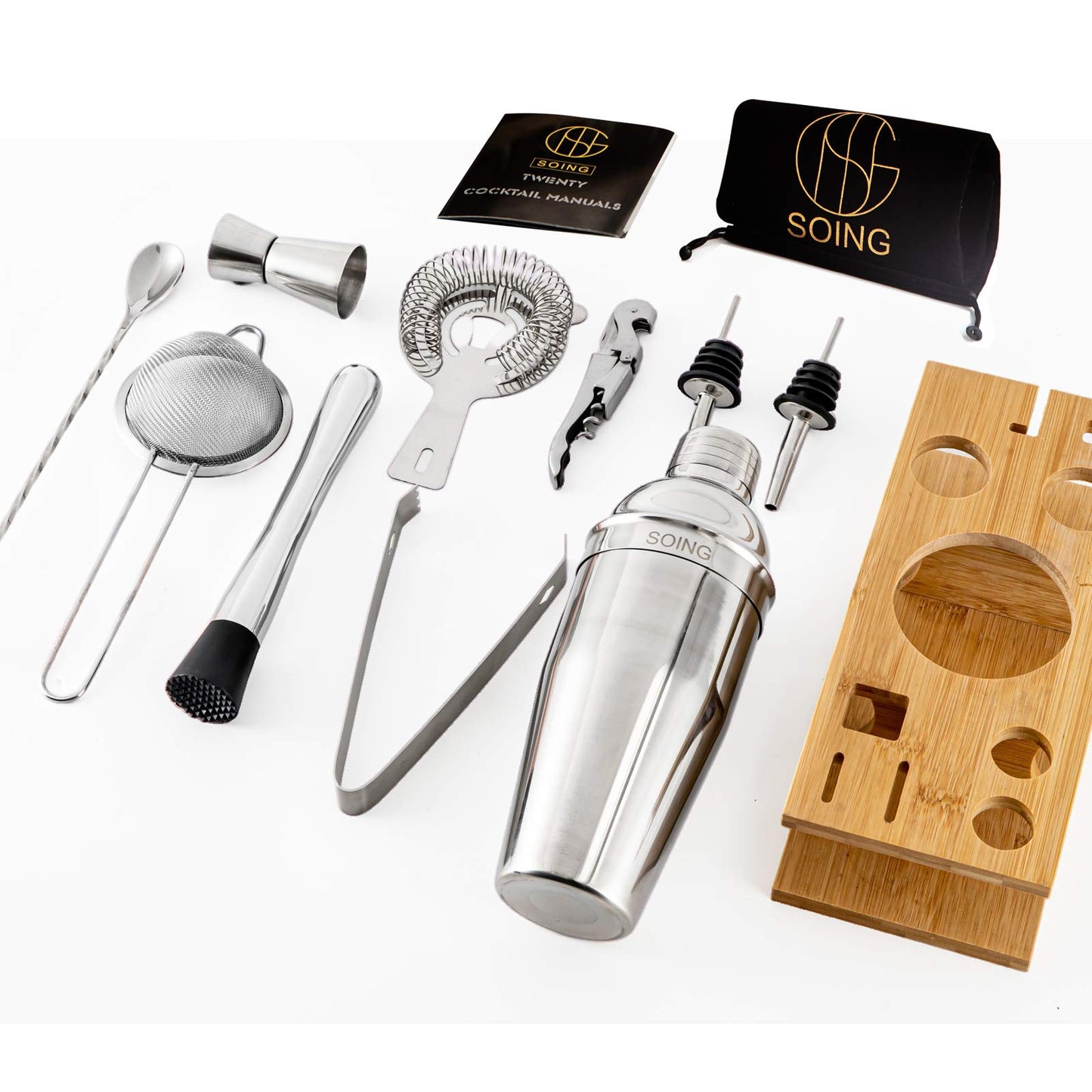 Stainless Steel Cocktail Shaker Set with Wooden Stand