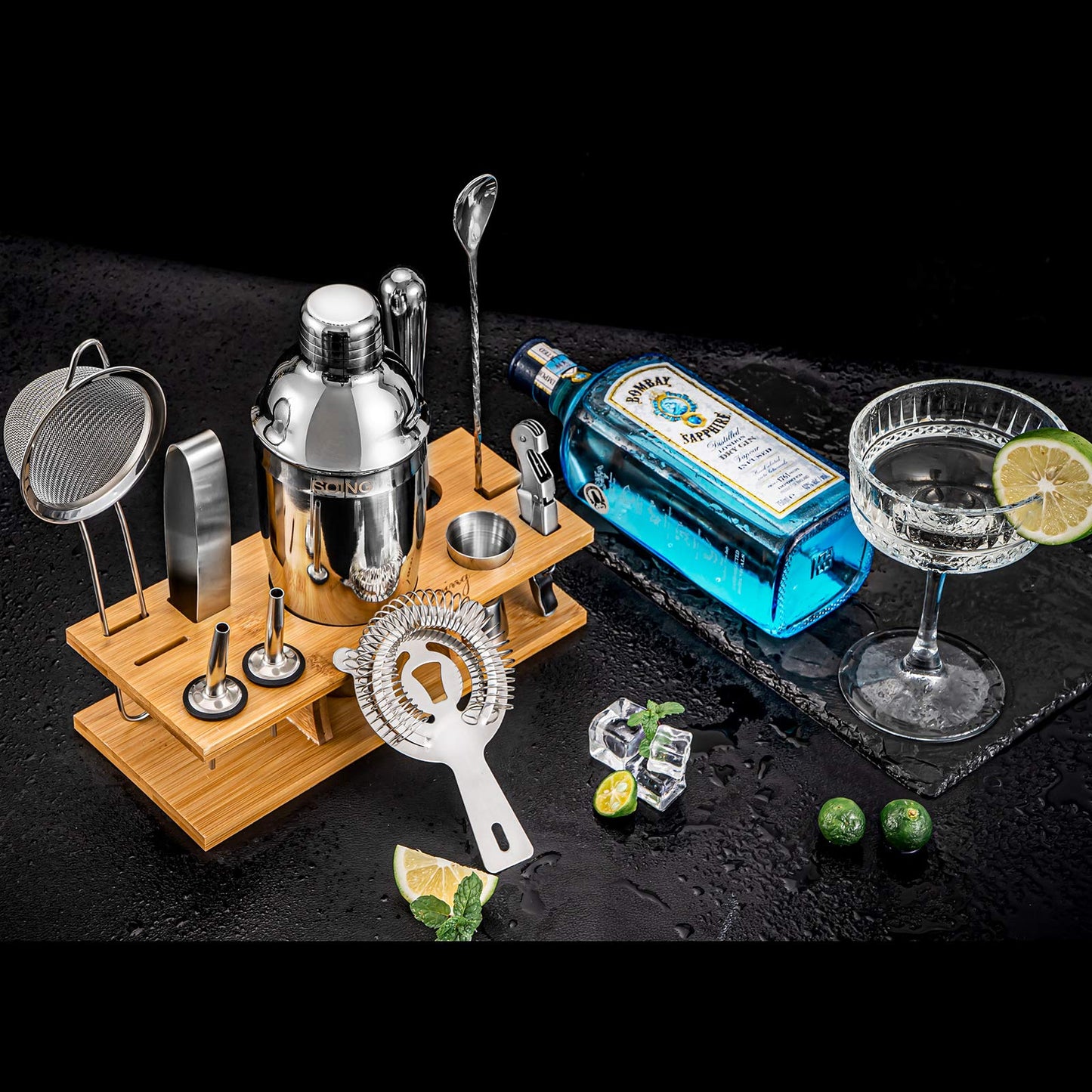 Stainless Steel Cocktail Shaker Set with Wooden Stand