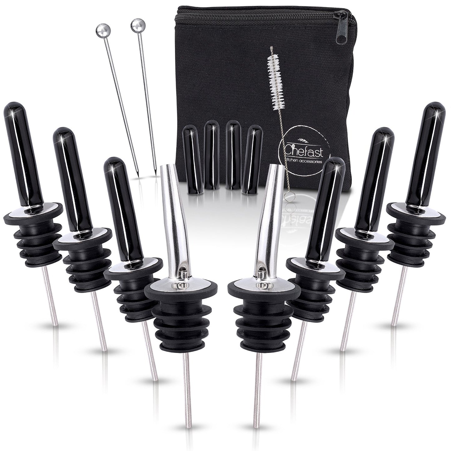Stainless Steel Bottle Pourer Set – 8 Liquor Spouts with Dust Caps