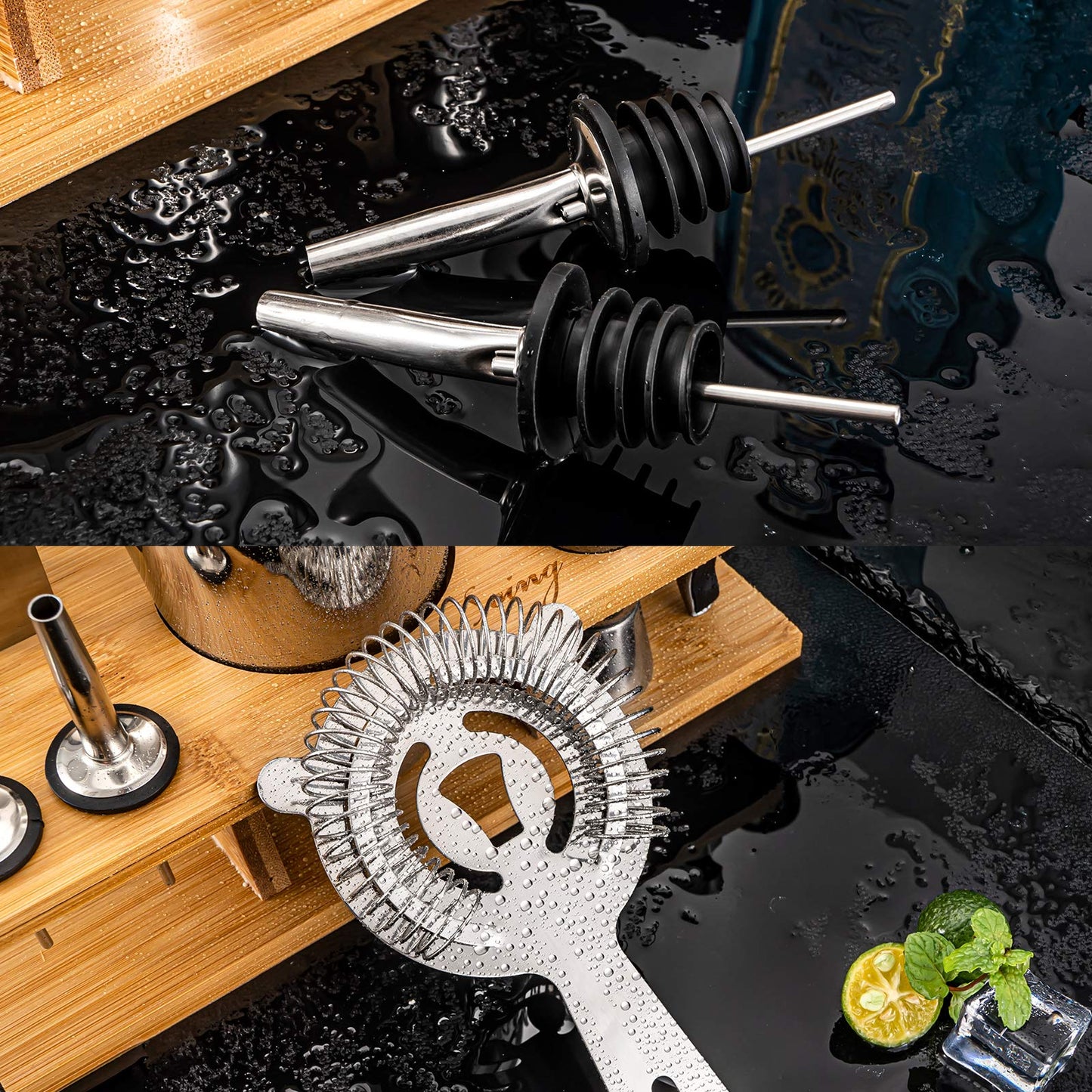 Stainless Steel Cocktail Shaker Set with Wooden Stand