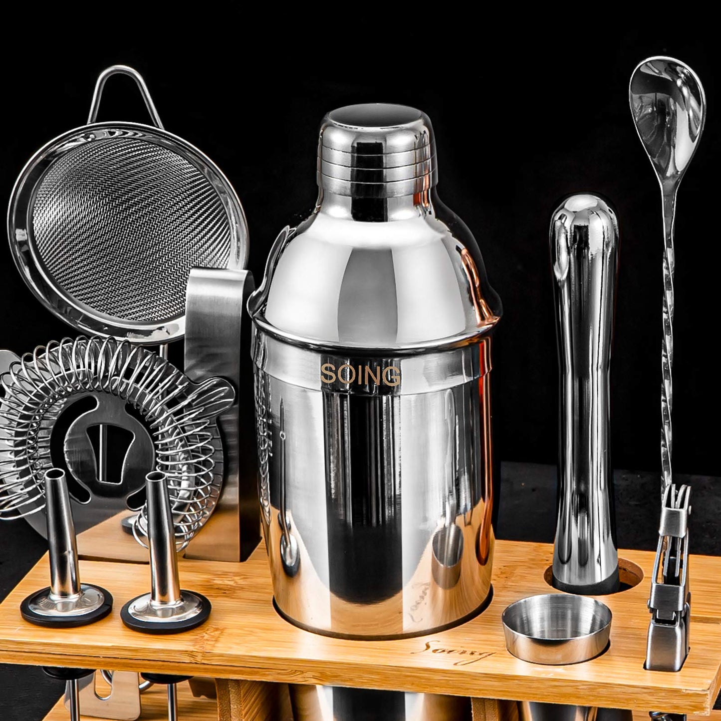 Stainless Steel Cocktail Shaker Set with Wooden Stand