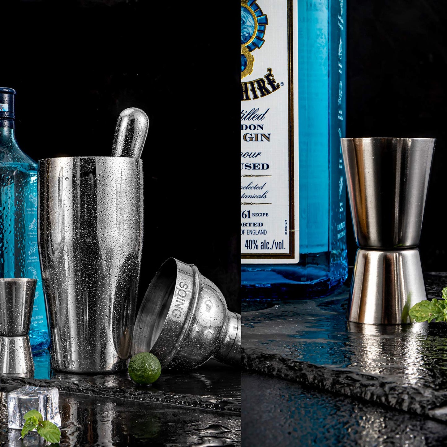Stainless Steel Cocktail Shaker Set with Wooden Stand