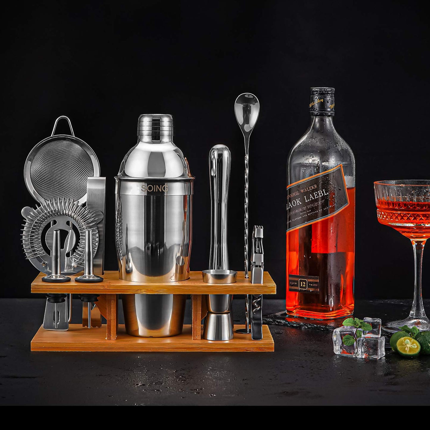 Stainless Steel Cocktail Shaker Set with Wooden Stand