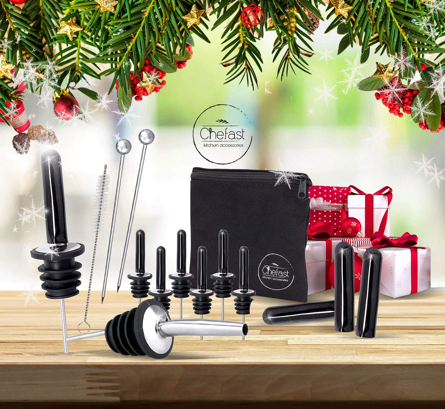 Stainless Steel Bottle Pourer Set – 8 Liquor Spouts with Dust Caps
