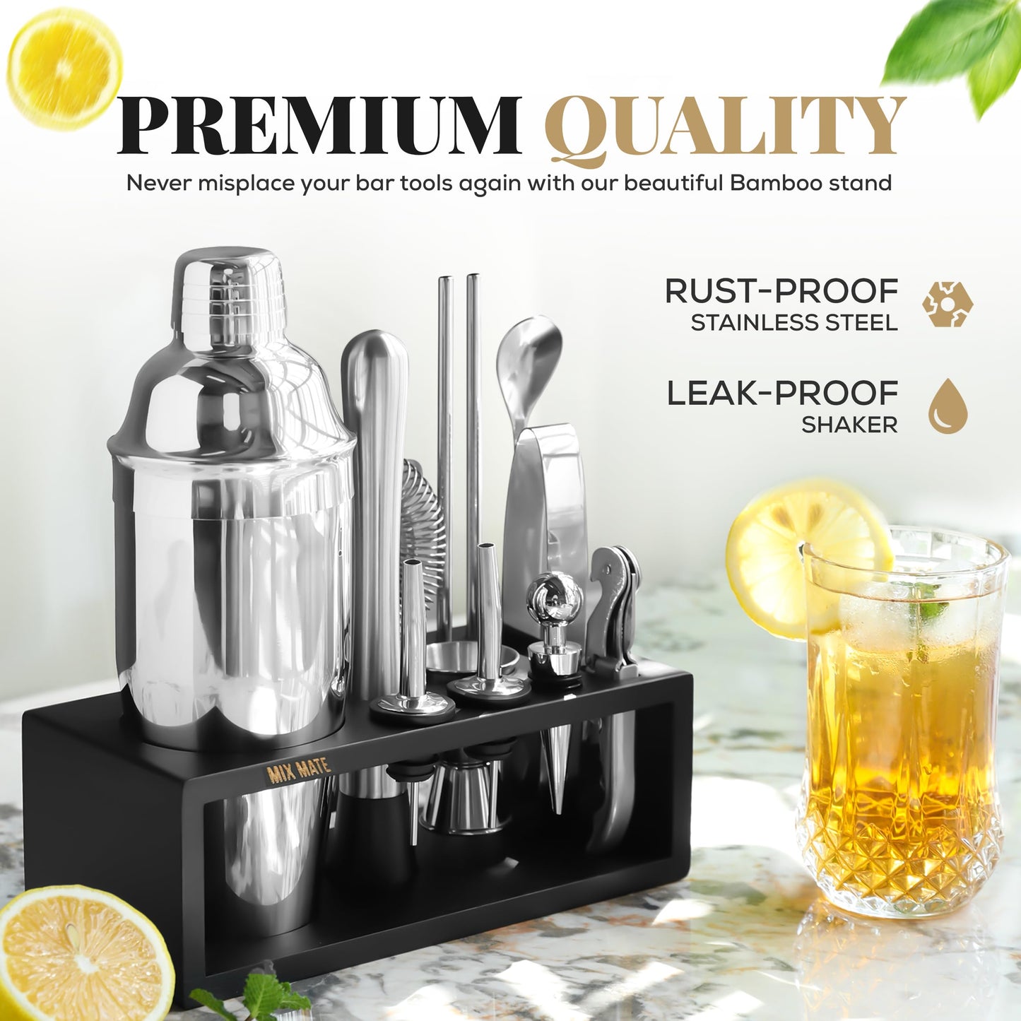 15-Piece Cocktail Shaker Set with Dark Wood Stand