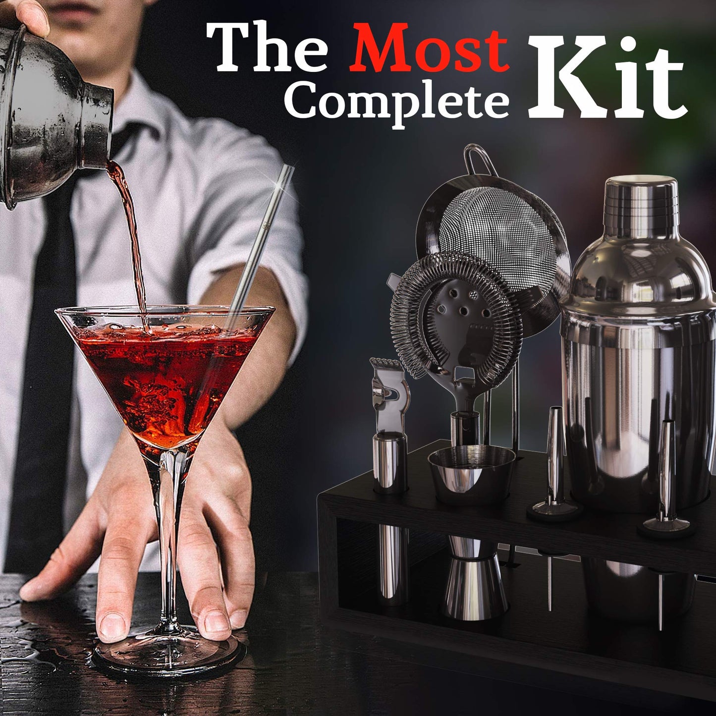Deluxe Matte Black Bartender Kit with Bamboo Stand