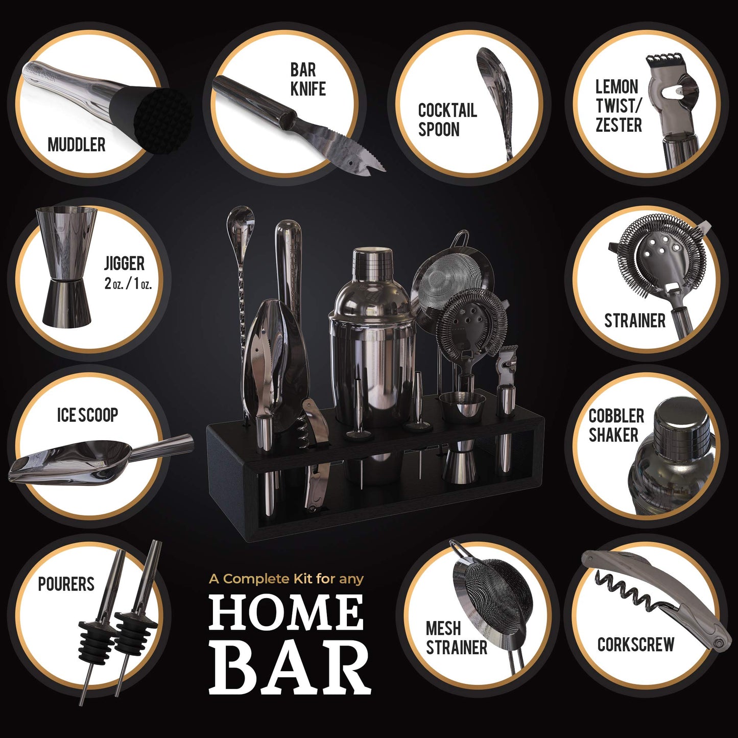 Deluxe Matte Black Bartender Kit with Bamboo Stand