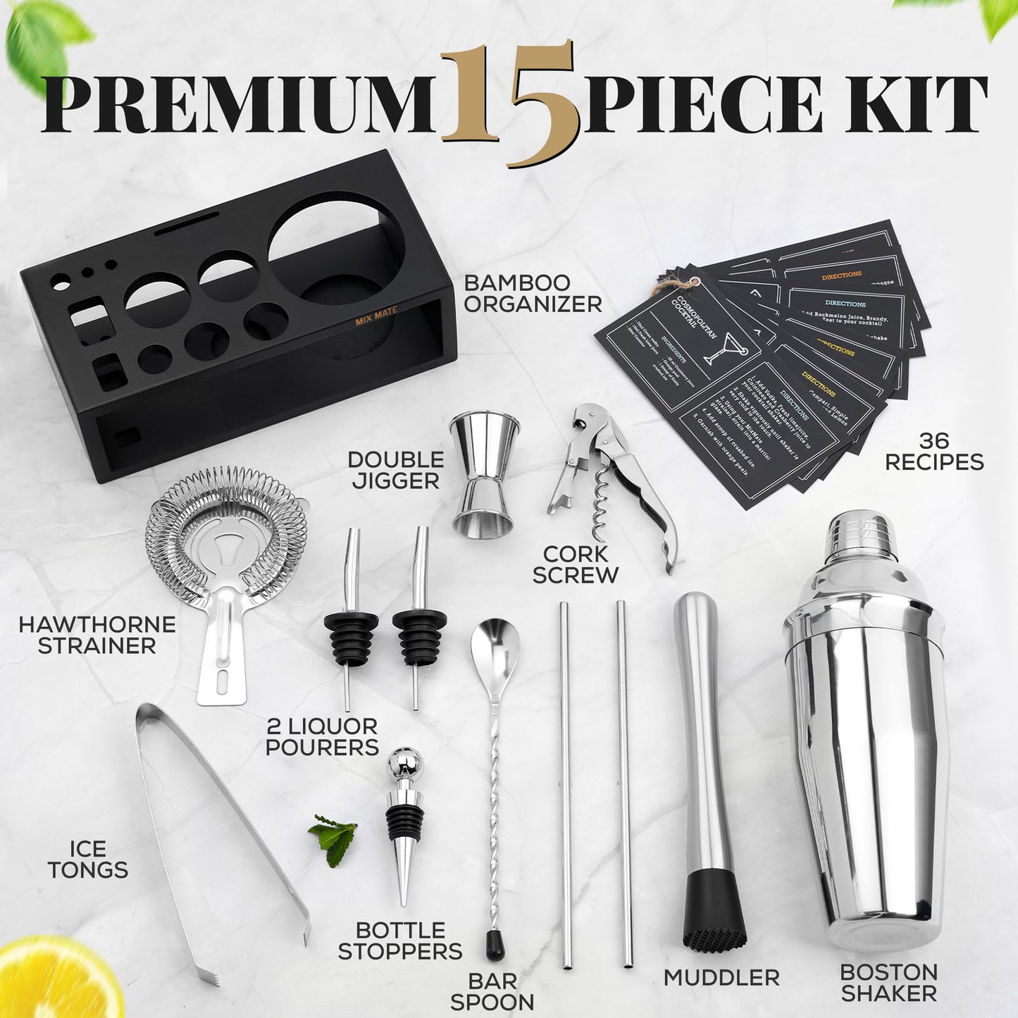 15-Piece Cocktail Shaker Set with Dark Wood Stand