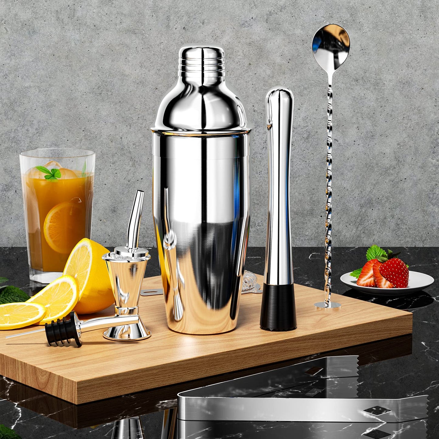 Ensemble shaker 10 pièces avec support en bambou