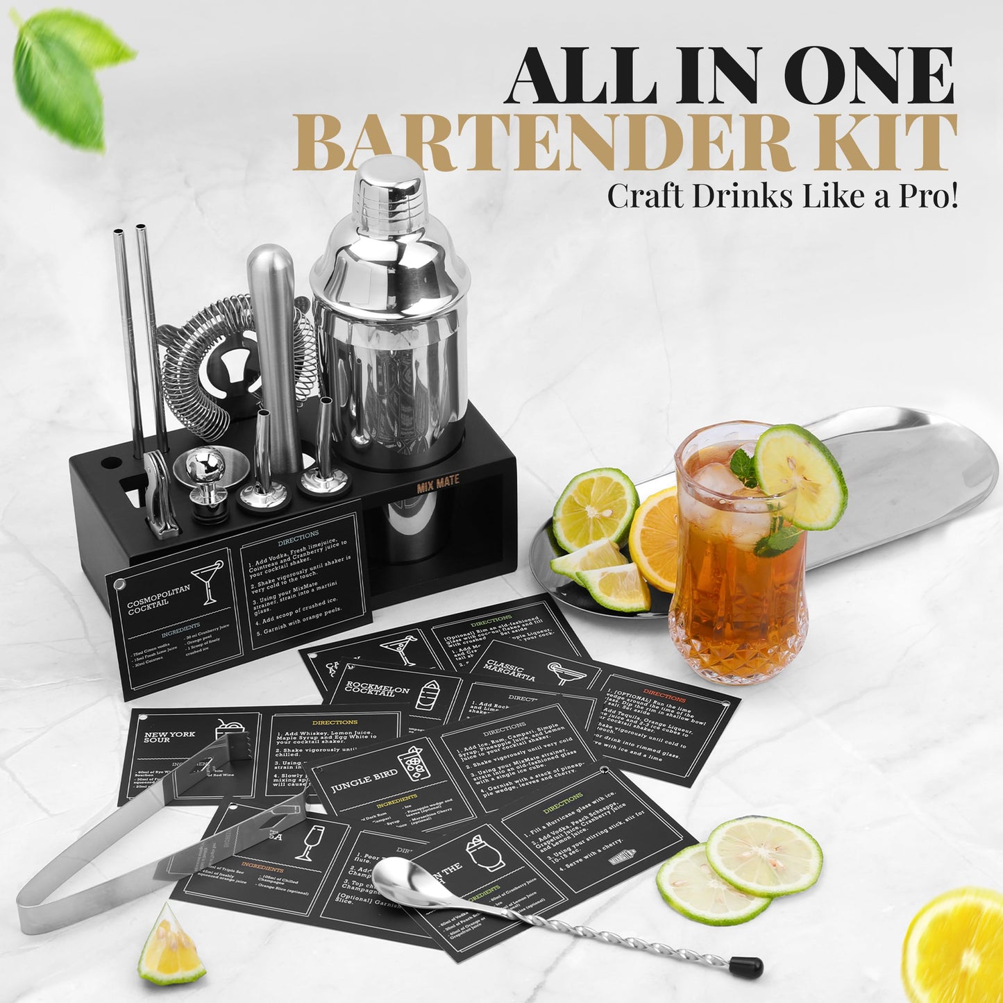 15-Piece Cocktail Shaker Set with Dark Wood Stand