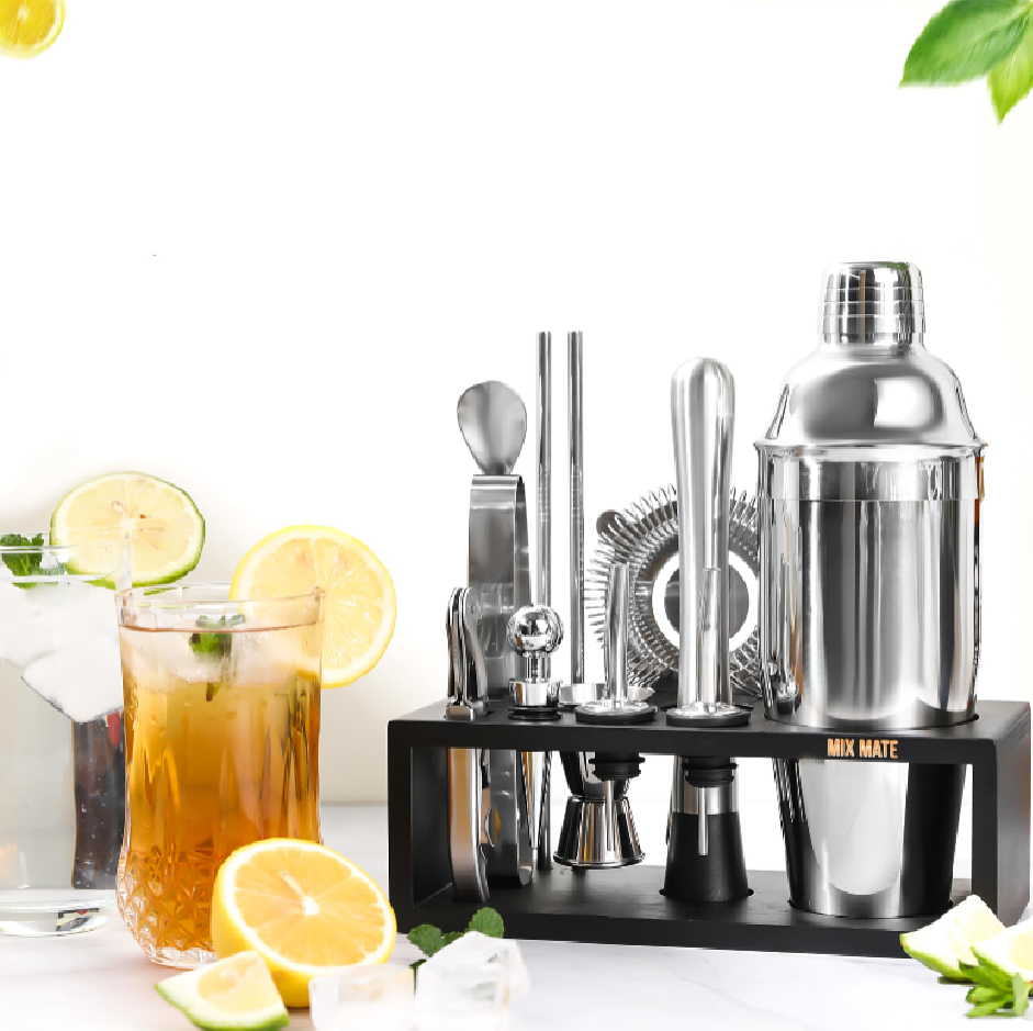 15-Piece Cocktail Shaker Set with Dark Wood Stand