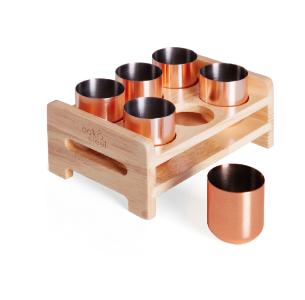 Lot de 6 Verres à Shot en Acier Inoxydable Or Rose avec Plateau en Bois