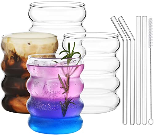 Lot de 4 Gobelets en Verre Côtelé avec Pailles en Verre - Style Rétro