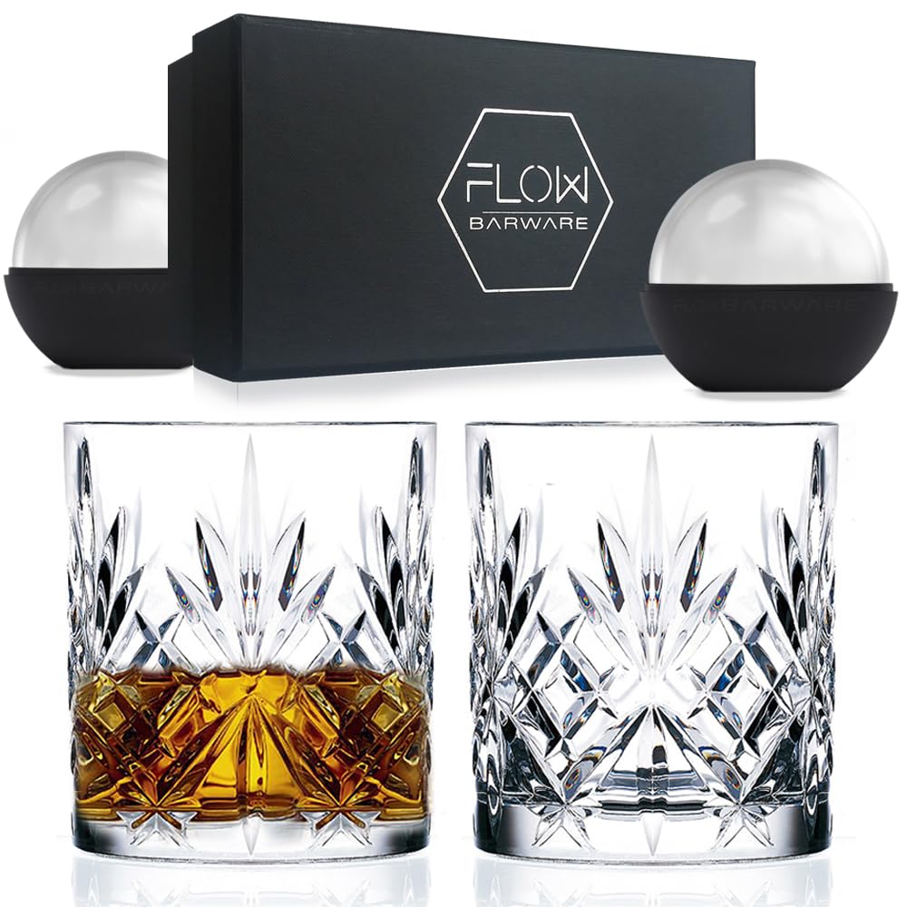 FLOW Barware Ensemble de 2 verres à whisky | Coffret cadeau verres à whisky en cristal | Cadeau pour homme, parfait pour Scotch, Bourbon Gin & Tonic, Negroni, Rhum