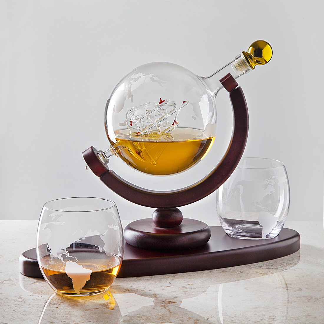 Whiskey Decanter Globe Set with 2 Whiskey Glasses