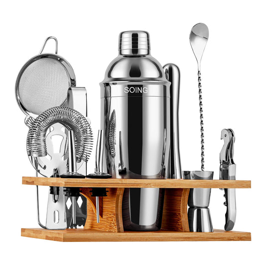 Stainless Steel Cocktail Shaker Set with Wooden Stand