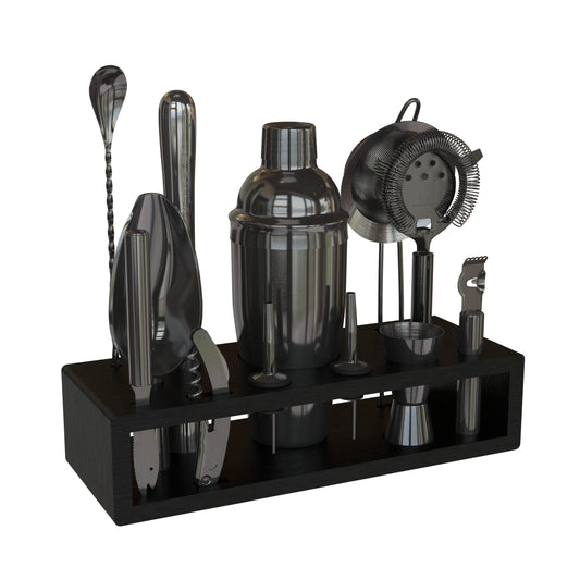 Deluxe Matte Black Bartender Kit with Bamboo Stand