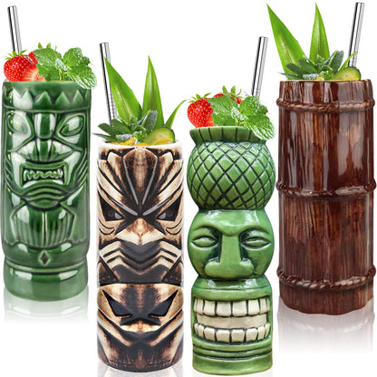 Lot de 4 Verres Tiki en Céramique - L'Incontournable pour Vos Soirées Tropicales