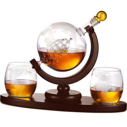 Whiskey Decanter Globe Set with 2 Whiskey Glasses