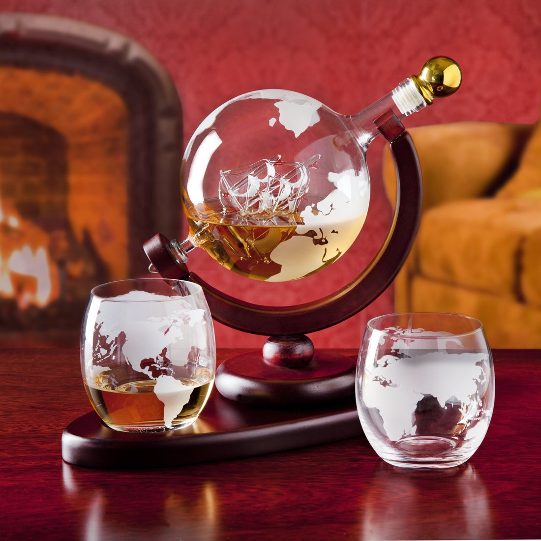 Whiskey Decanter Globe Set with 2 Whiskey Glasses