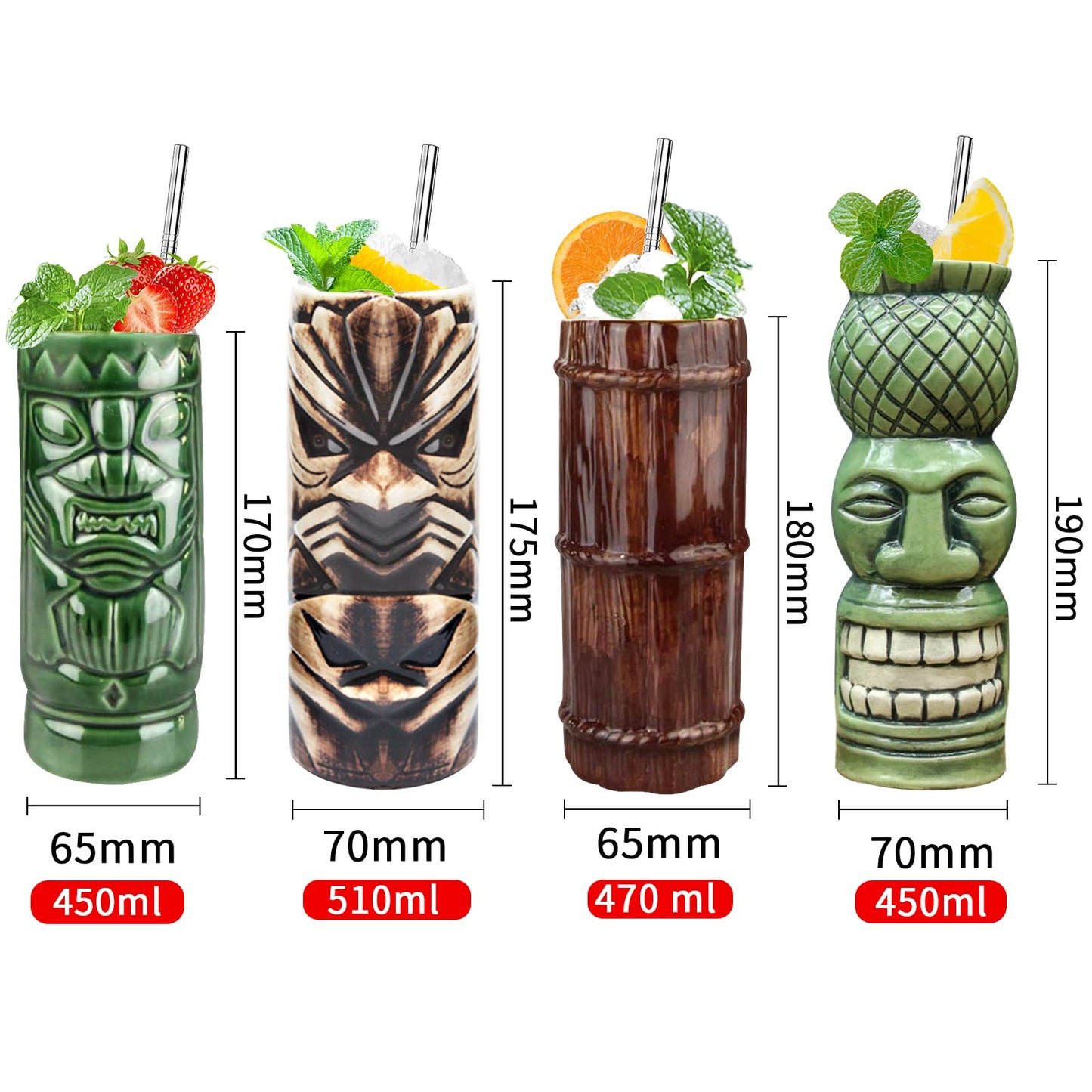 Lot de 4 Verres Tiki en Céramique - L'Incontournable pour Vos Soirées Tropicales