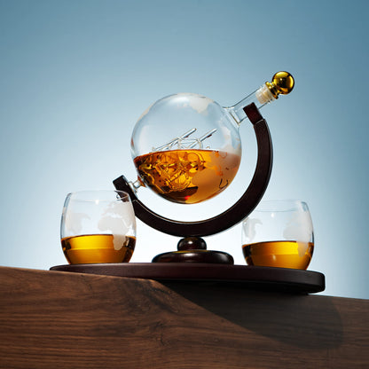 Whiskey Decanter Globe Set with 2 Whiskey Glasses