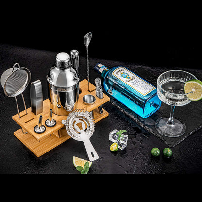 Stainless Steel Cocktail Shaker Set with Wooden Stand