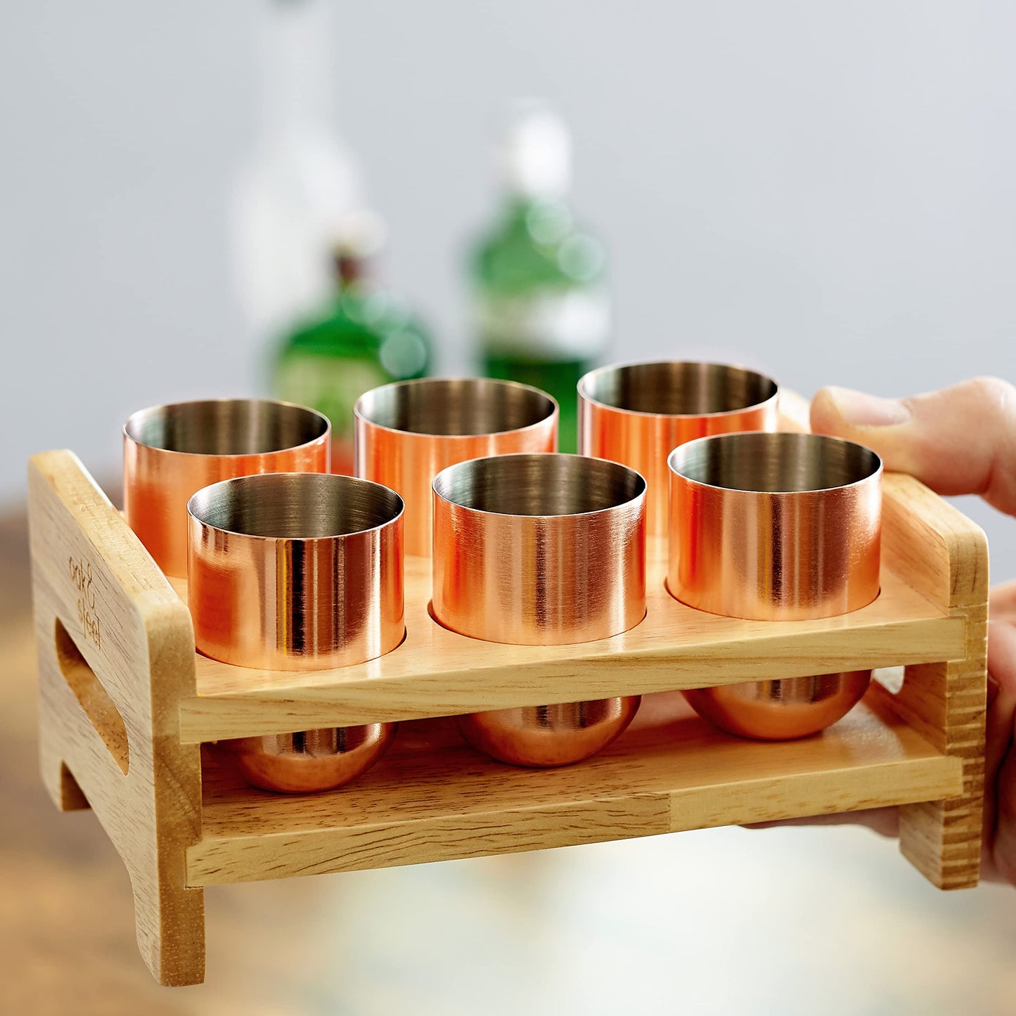 Lot de 6 Verres à Shot en Acier Inoxydable Or Rose avec Plateau en Bois