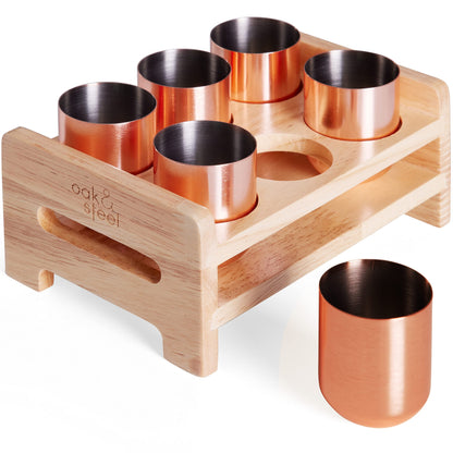 Lot de 6 Verres à Shot en Acier Inoxydable Or Rose avec Plateau en Bois