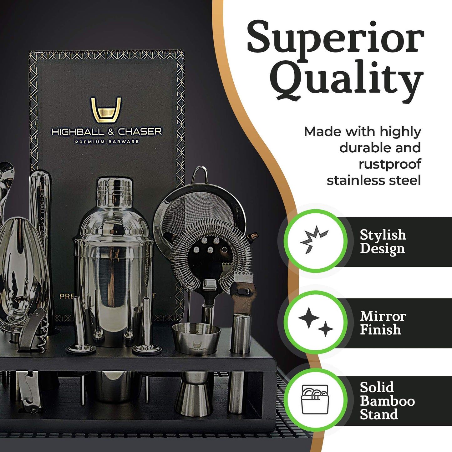 Deluxe Matte Black Bartender Kit with Bamboo Stand