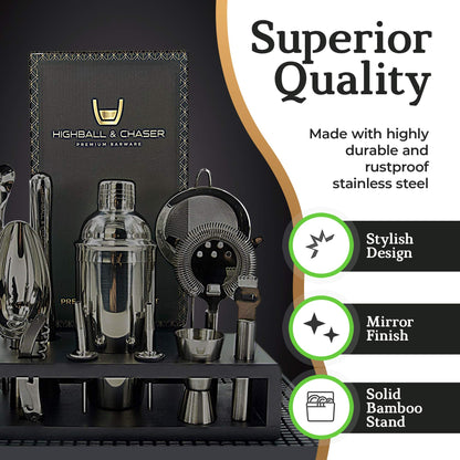 Deluxe Matte Black Bartender Kit with Bamboo Stand