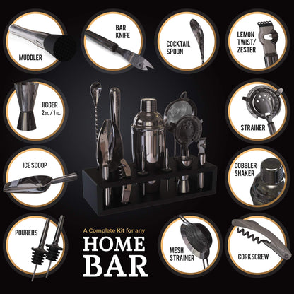 Deluxe Matte Black Bartender Kit with Bamboo Stand