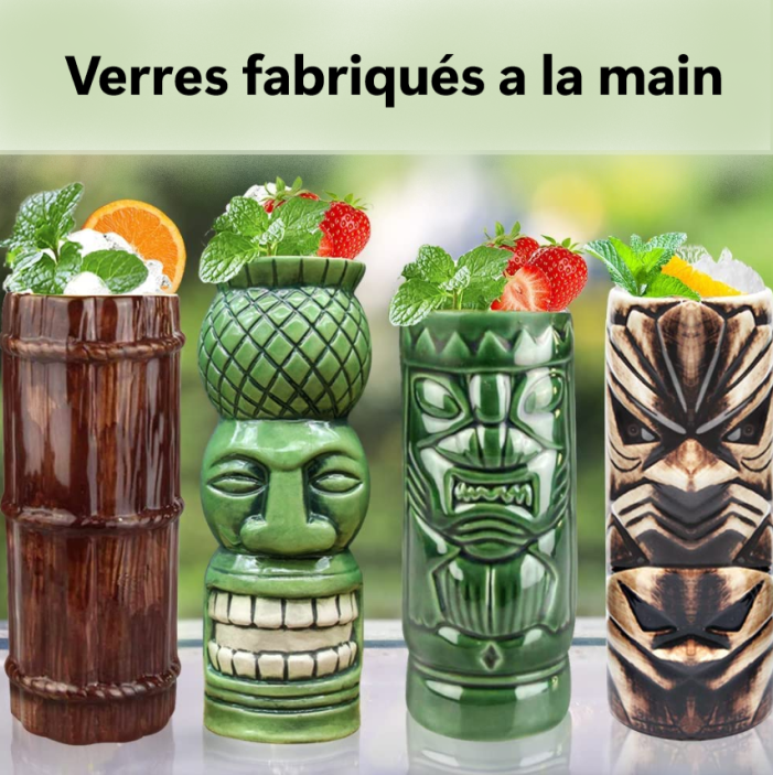 Lot de 4 Verres Tiki en Céramique - L'Incontournable pour Vos Soirées Tropicales